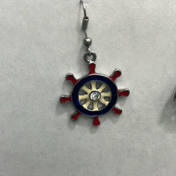 Nautical Anchor and Wheel Ship Dangle Earrings Design w/ Red, White & Blue - Picture 2 of 6